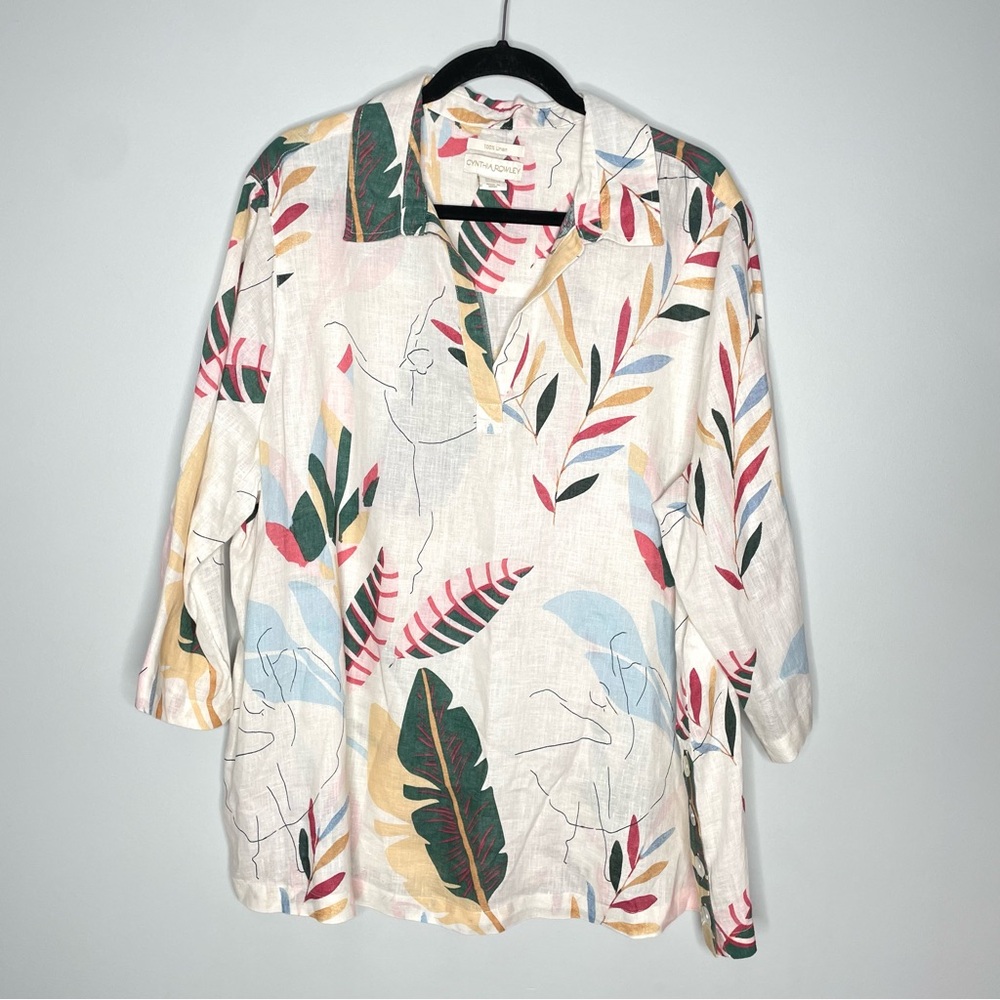 Cynthia Rowley 100% Linen Pullover Multicolor Leaf Printed Top Size 2X Plus